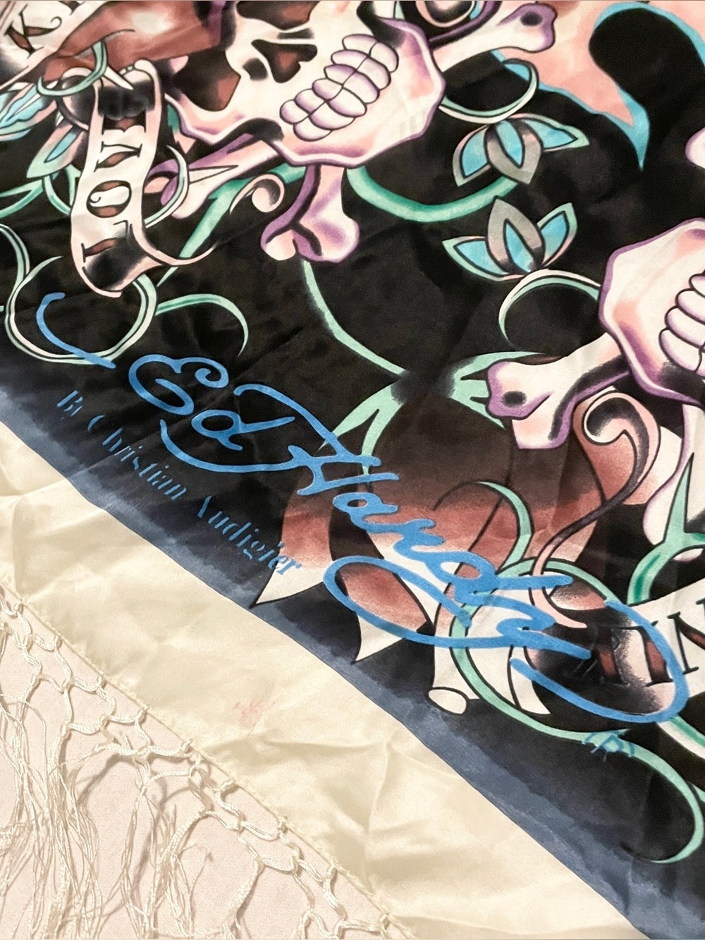 VTG Ed Hardy Christian Audigier Love Kills Slowly Fringe Silk Scarf Shawl - Picture 9 of 16